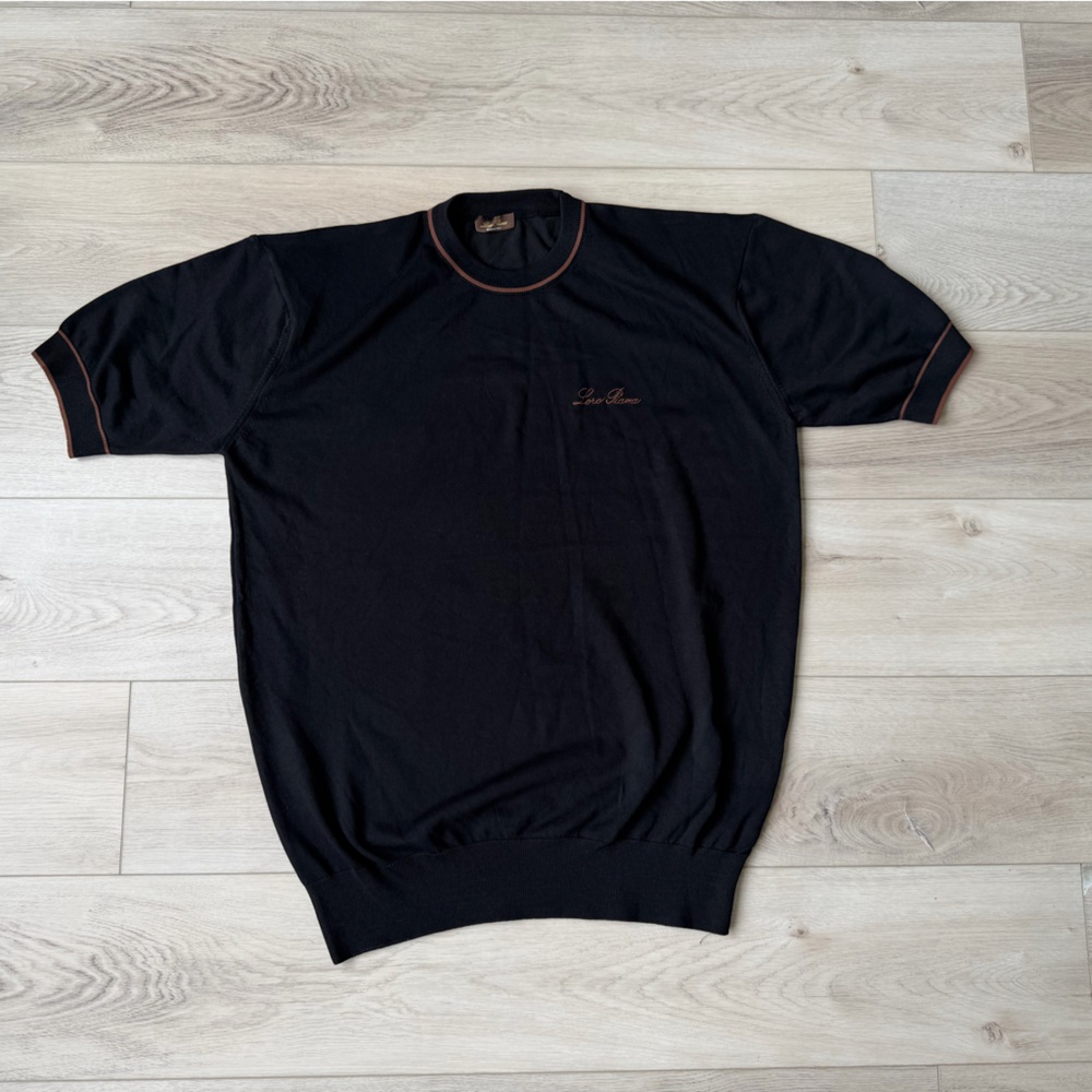 Loro Piana T-Shirt tee Embroidered logo Black Brown Trim Luxury Designer